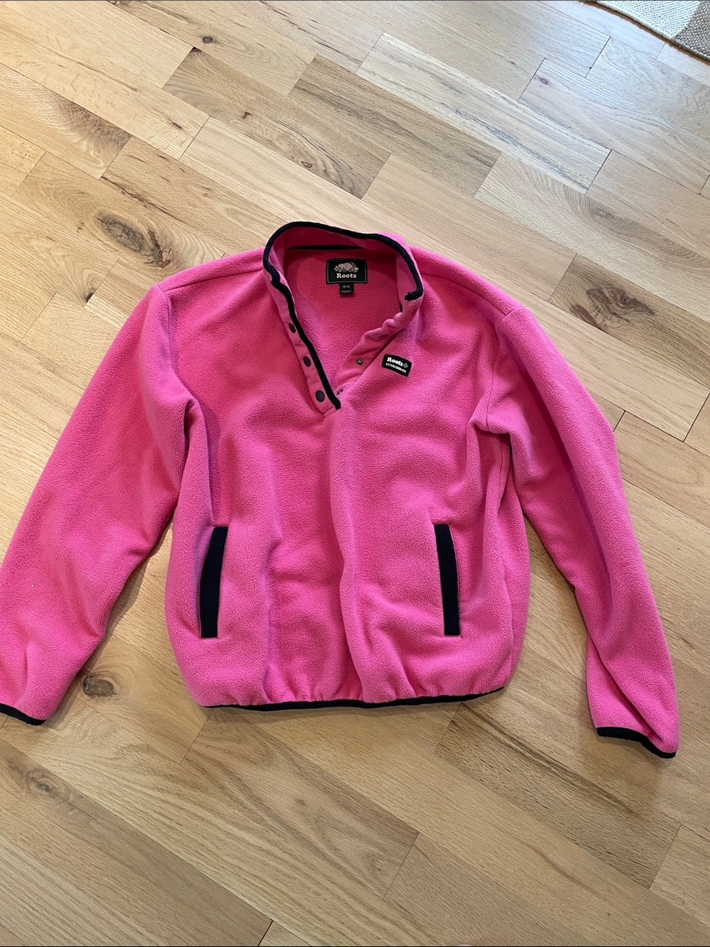Roots WomansHot Pink Fleece Snap Pullover with Navy Trim